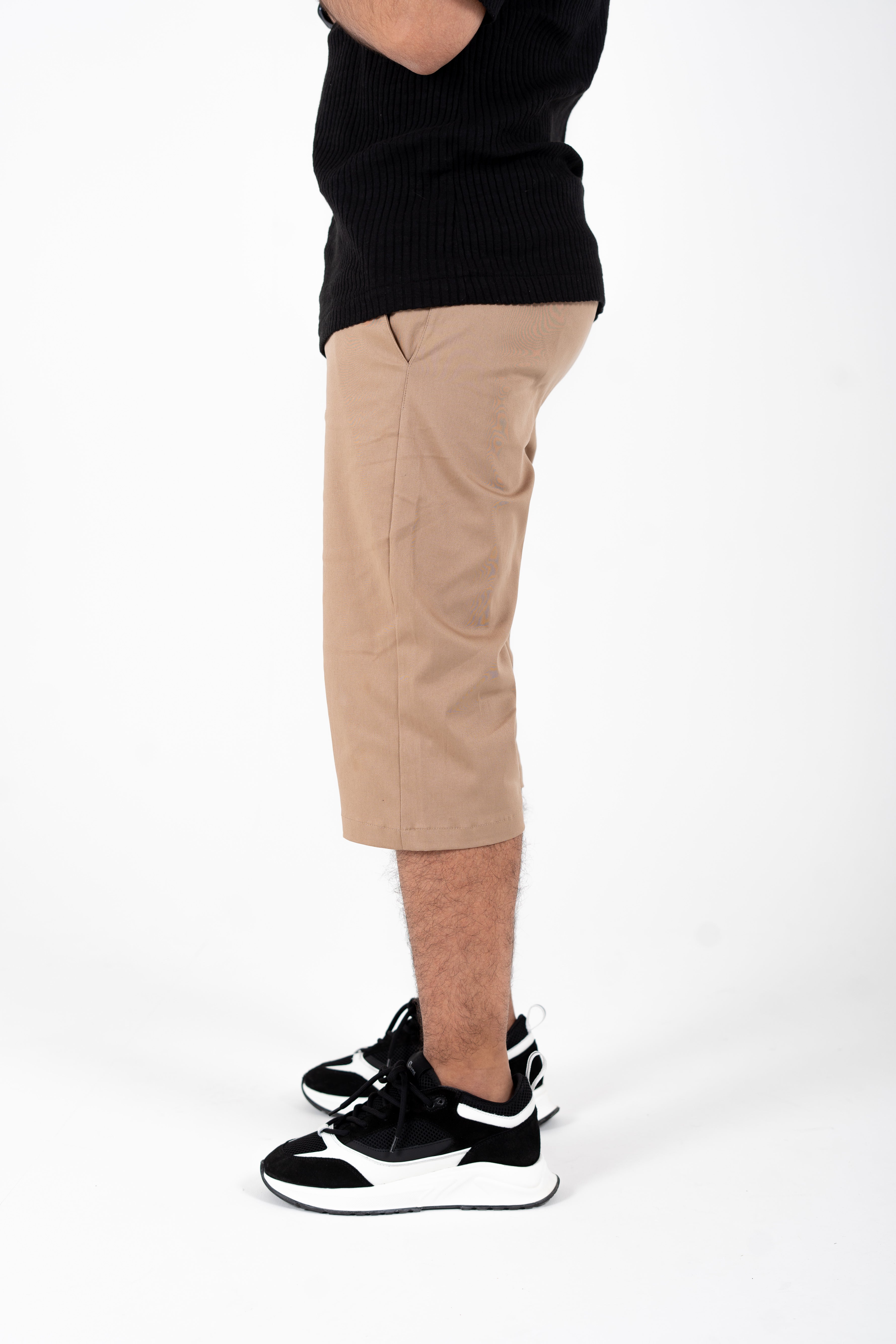 Right-side profile of slim-fit modest chino shorts with stretch cotton